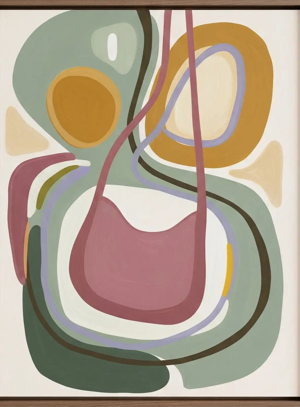 Une peinture abstraite avec une forme de sac à main rose en évidence, entourée de lignes fluides et de formes organiques aux tons terreux.