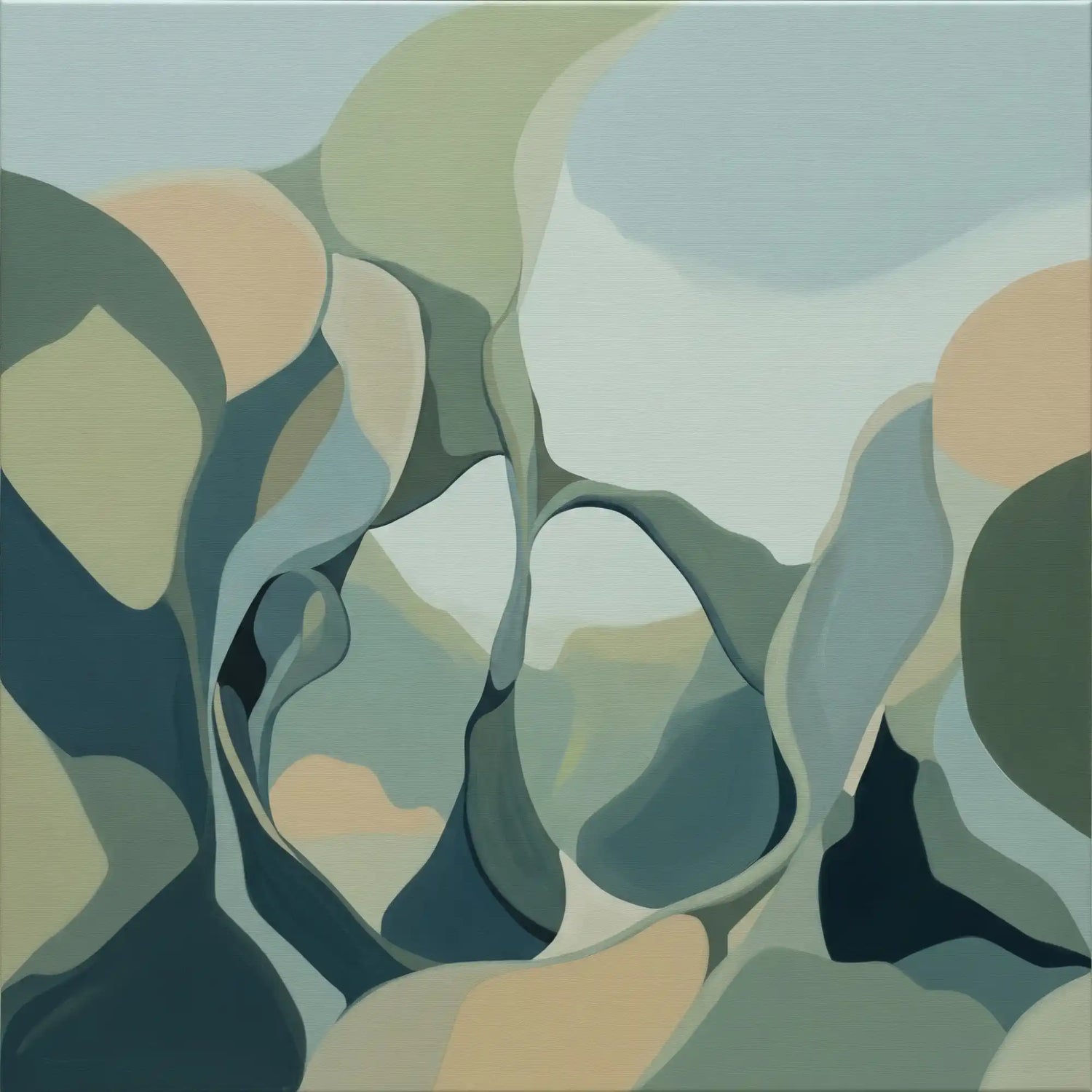 Une peinture abstraite représentant des formes organiques et une palette de couleurs atténuées.