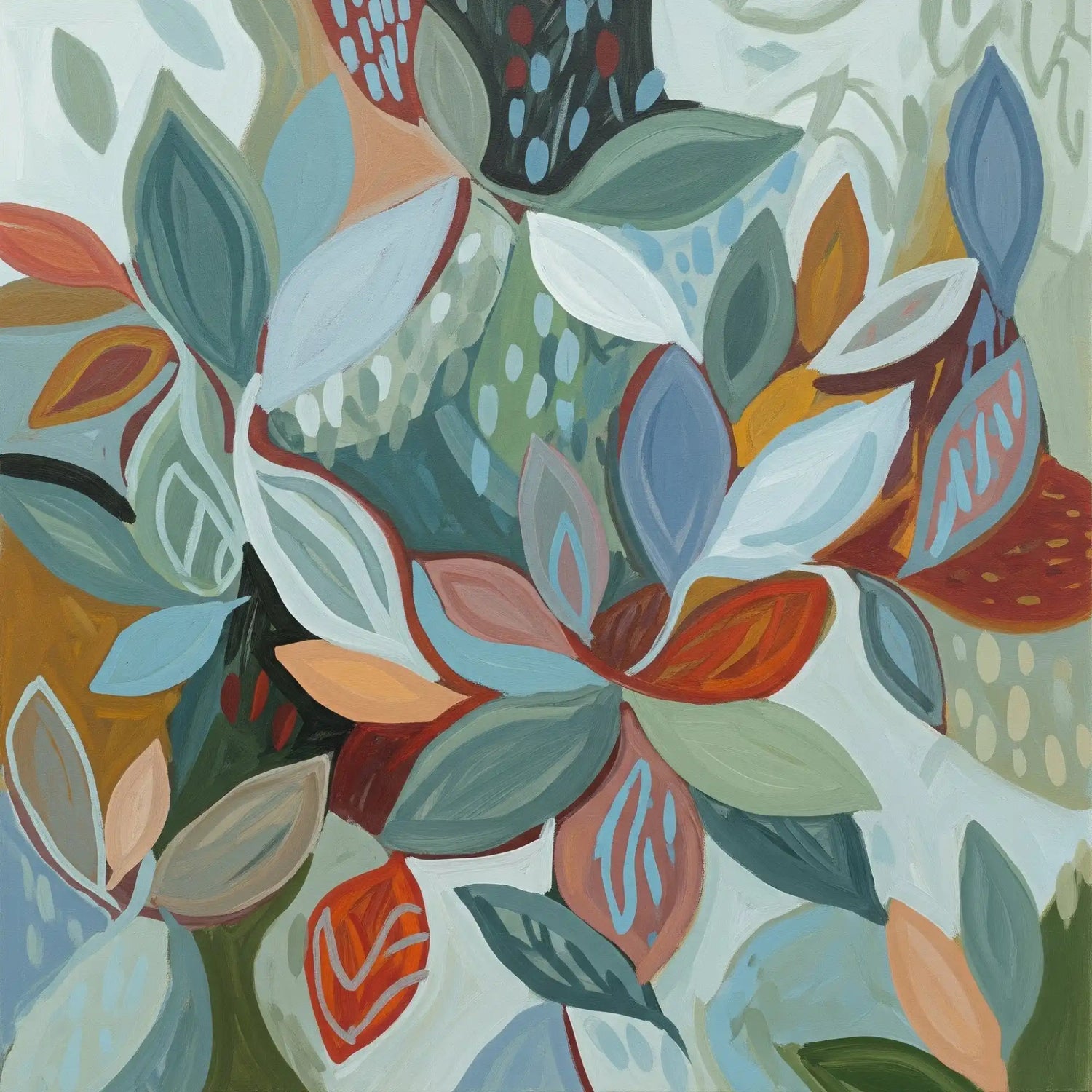 Une peinture abstraite de feuillage stylisé dans des tons froids et chauds.