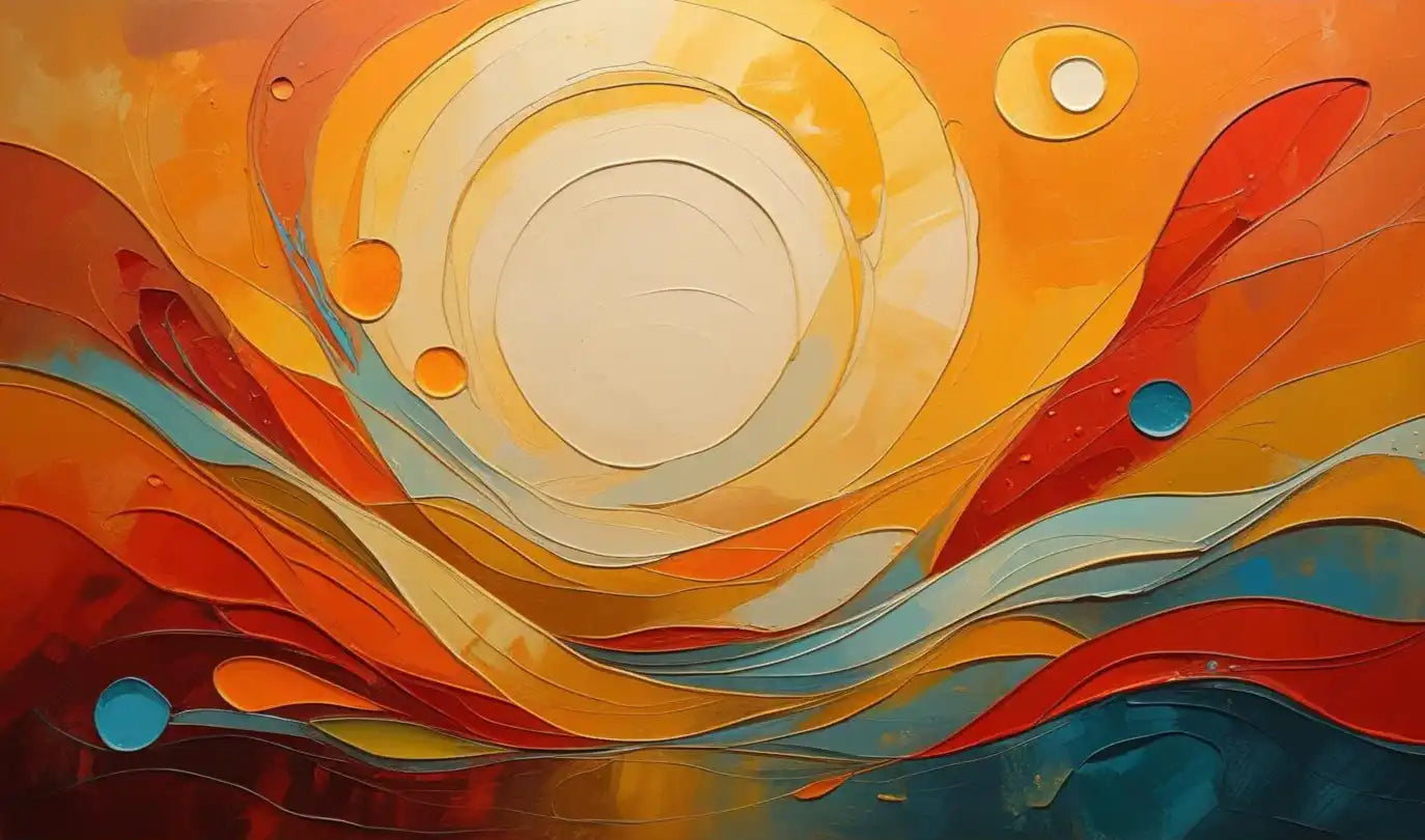 Une peinture abstraite avec des vagues aux tons chauds et un cercle central ressemblant à un soleil.